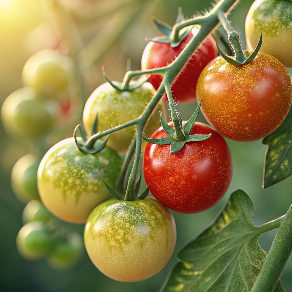 Cluster of tomatoes with yellow-green upper shoulders and sunburned texture