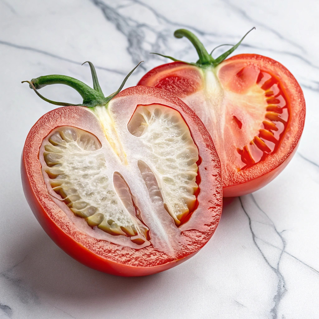 Red tomato sliced open revealing white hardened core near stem scar