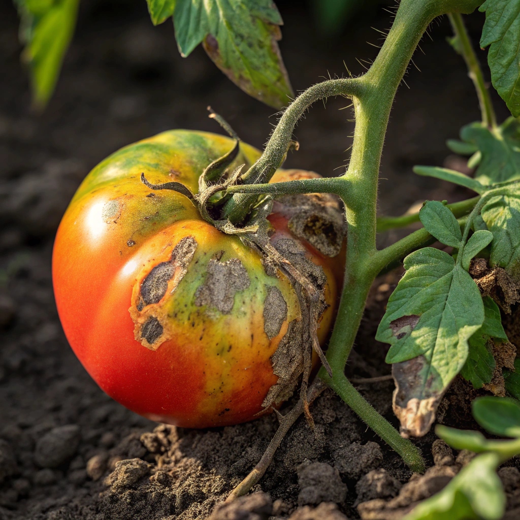 Ripe tomato with irregular yellow-green blotches and gray hard patches, showing internal brown vascular strands