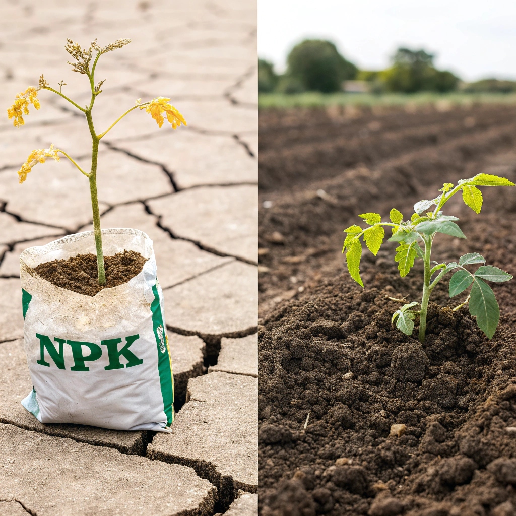 Side-by-side: cracked dry soil with yellow-leafed tomato plant vs healthy plant in fertile soil"