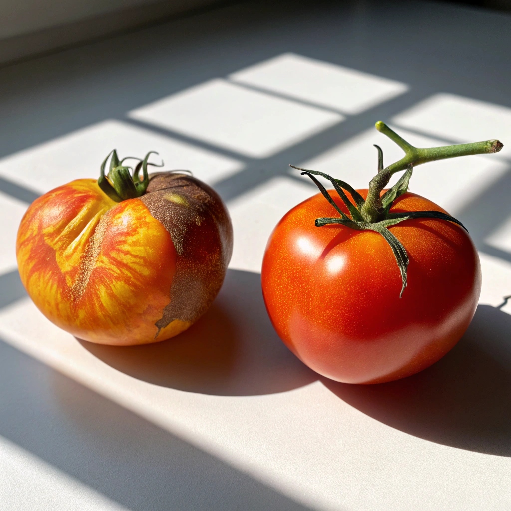 Sunburnt tomato with bleached yellow patch and shriveled skin next to healthy fruit
