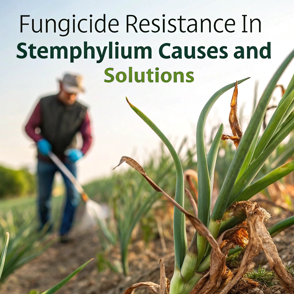 Stemphylium leaf blight symptoms on onion leaves with fungicide application in background