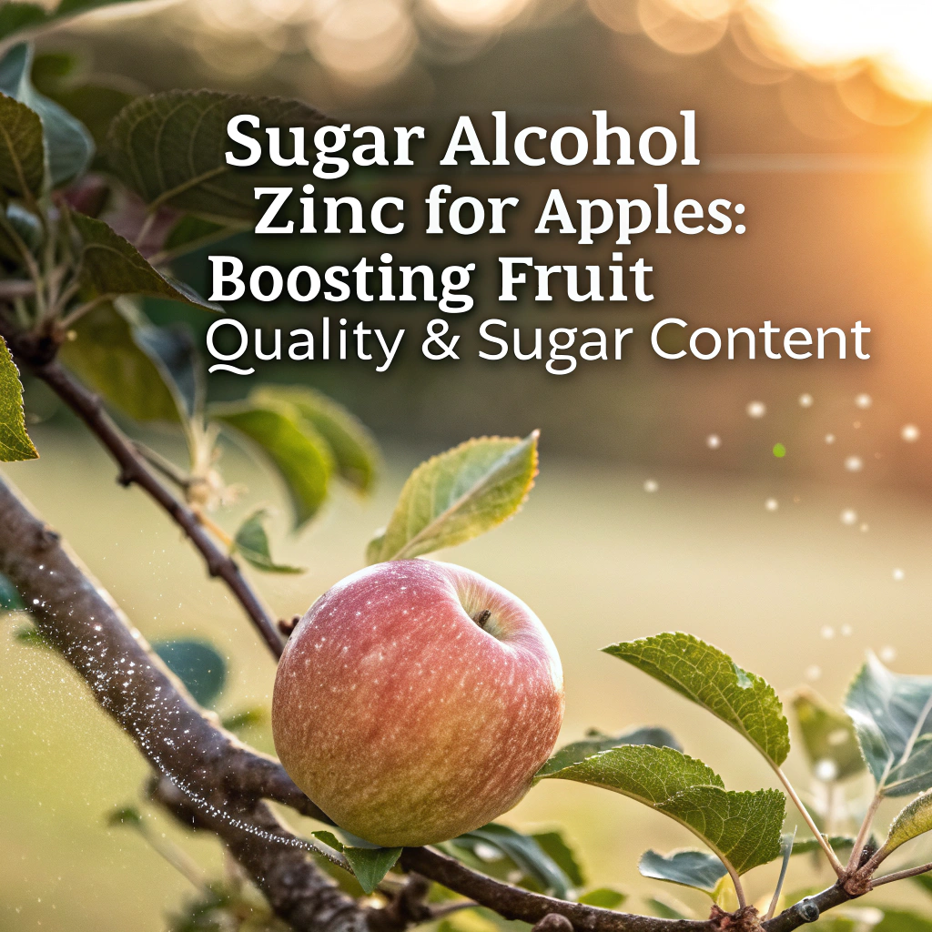 A close-up of a vibrant 'Fuji' apple on a tree, with a subtle glow and the title "Sugar Alcohol Zinc for Apples: Boosting Fruit Quality & Sugar Content" overlaid, symbolizing enhanced sweetness and vitality.