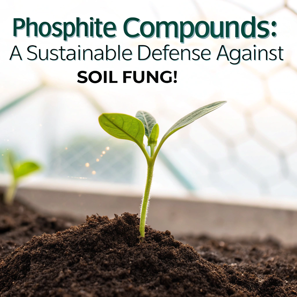 A close-up shot of a healthy green plant emerging from dark soil, surrounded by a glowing mist, with the title "Phosphite Compounds: A Sustainable Defense Against Soil Fungi" overlaid.