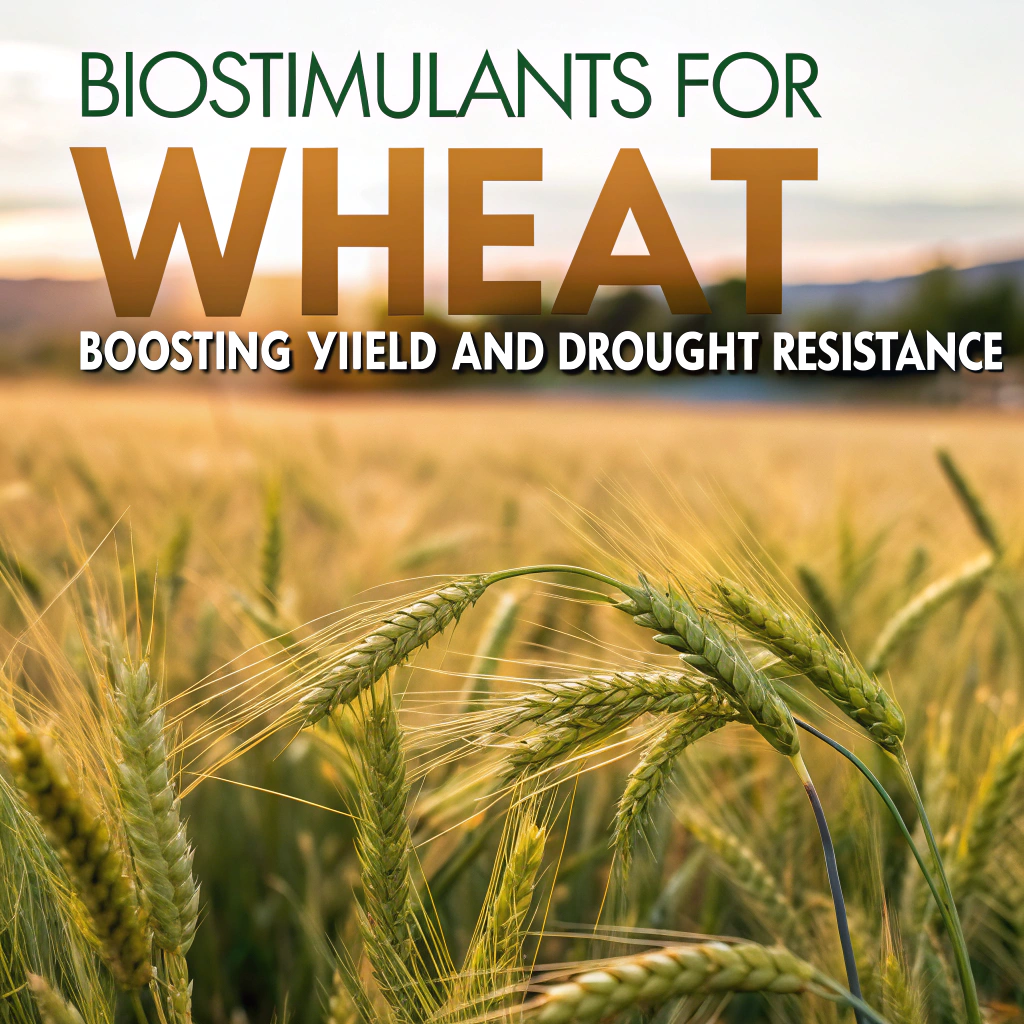A close-up, realistic photo of a hand touching a healthy wheat stalk with biostimulant liquid drops on the leaves, representing sustainable growth and drought resistance.