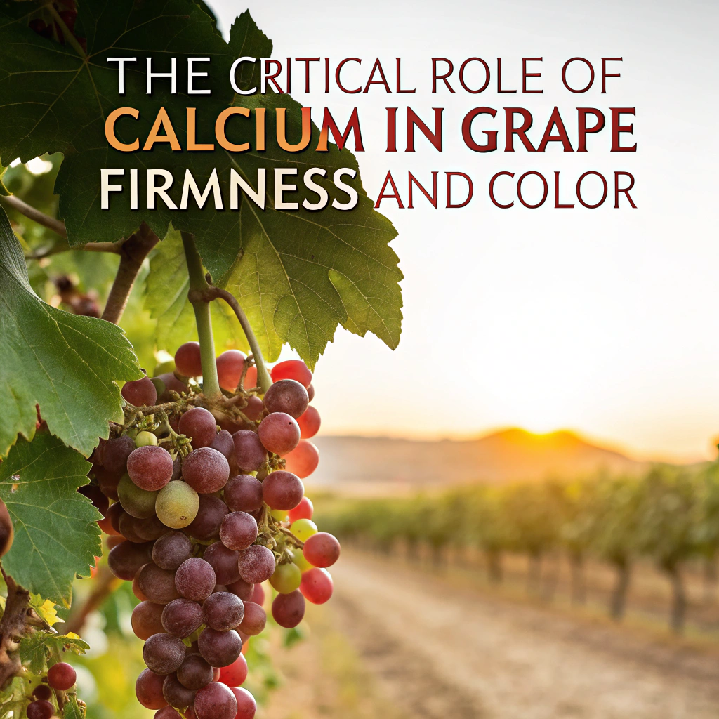 A close-up, high-resolution photo of a vibrant bunch of red and green grapes, with one grape glowing, and the title "The Critical Role of Calcium in Grape Firmness and Color" overlaid.