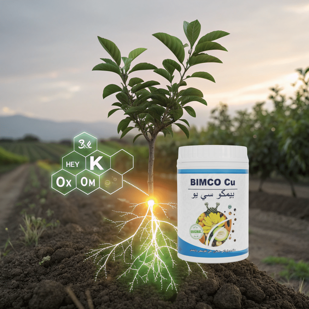 A photorealistic image of a copper-colored bottle labeled "Bimco Cu" standing in a field next to a healthy plant with vibrant green leaves and strong stems. The lighting is warm and golden, emphasizing a feeling of health and growth.