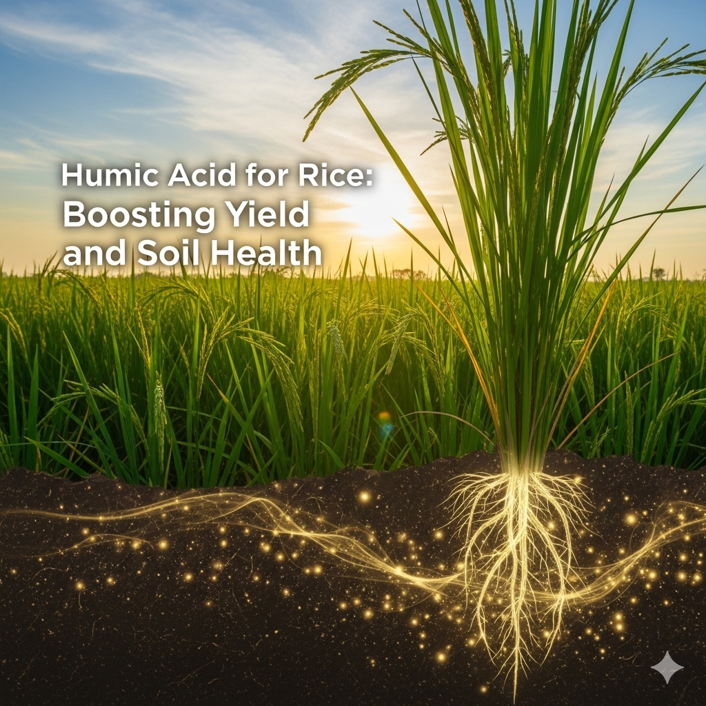 A vibrant, high-resolution photo of a rice plant with its roots glowing in the soil, symbolizing the enriching effect of humic acid, with the article title "Humic Acid for Rice: Boosting Yield and Soil Health" overlaid.