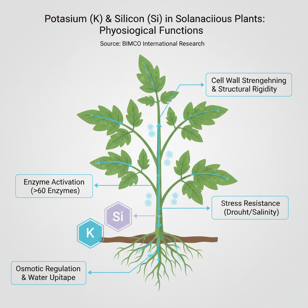 A scientific infographic illustrating a cross-section of a green tomato plant, showing its roots, stem, and leaves. Labeled arrows connect "Potassium (K)" and "Silicon (Si)" symbols near the roots and stem to various physiological functions: "Osmotic Regulation & Water Uptake," "Enzyme Activation (>60 Enzymes)," "Stress Resistance (Drought/Salinity)," and "Cell Wall Strengthening & Structural Rigidity." The title is "Potassium (K) & Silicon (Si) in Solanaceous Plants: Physiological Functions," with "Source: BIMCO International Research."