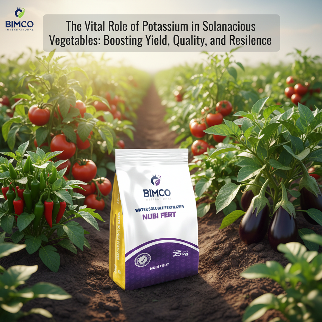 A 25kg bag of BIMCO International NUBI FERT water-soluble fertilizer sits in a fertile field surrounded by healthy tomato, chili pepper, and eggplant plants under bright sunlight. The article title "The Vital Role of Potassium..." is at the top, and the BIMCO International logo is in the top-left.