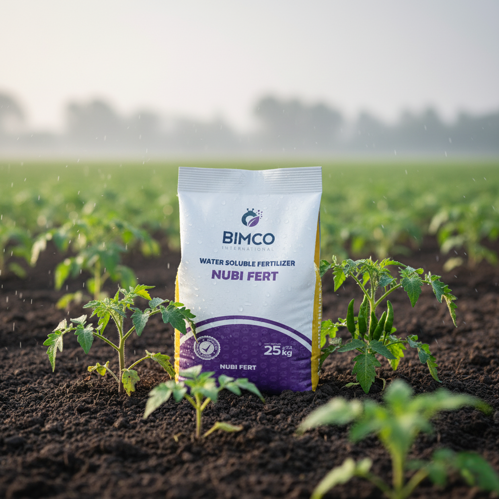 A 25kg bag of BIMCO International NUBI FERT fertilizer, white with purple and yellow accents, sits on dark, moist soil in a field. Young tomato and chili plants surround it, with visible water droplets and soft morning light.