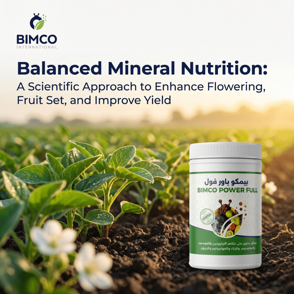 A professional commercial image of a BIMCO POWER FULL fertilizer bottle set in a lush field of young green crops during sunset, with the BIMCO logo and a tagline in English at the top.